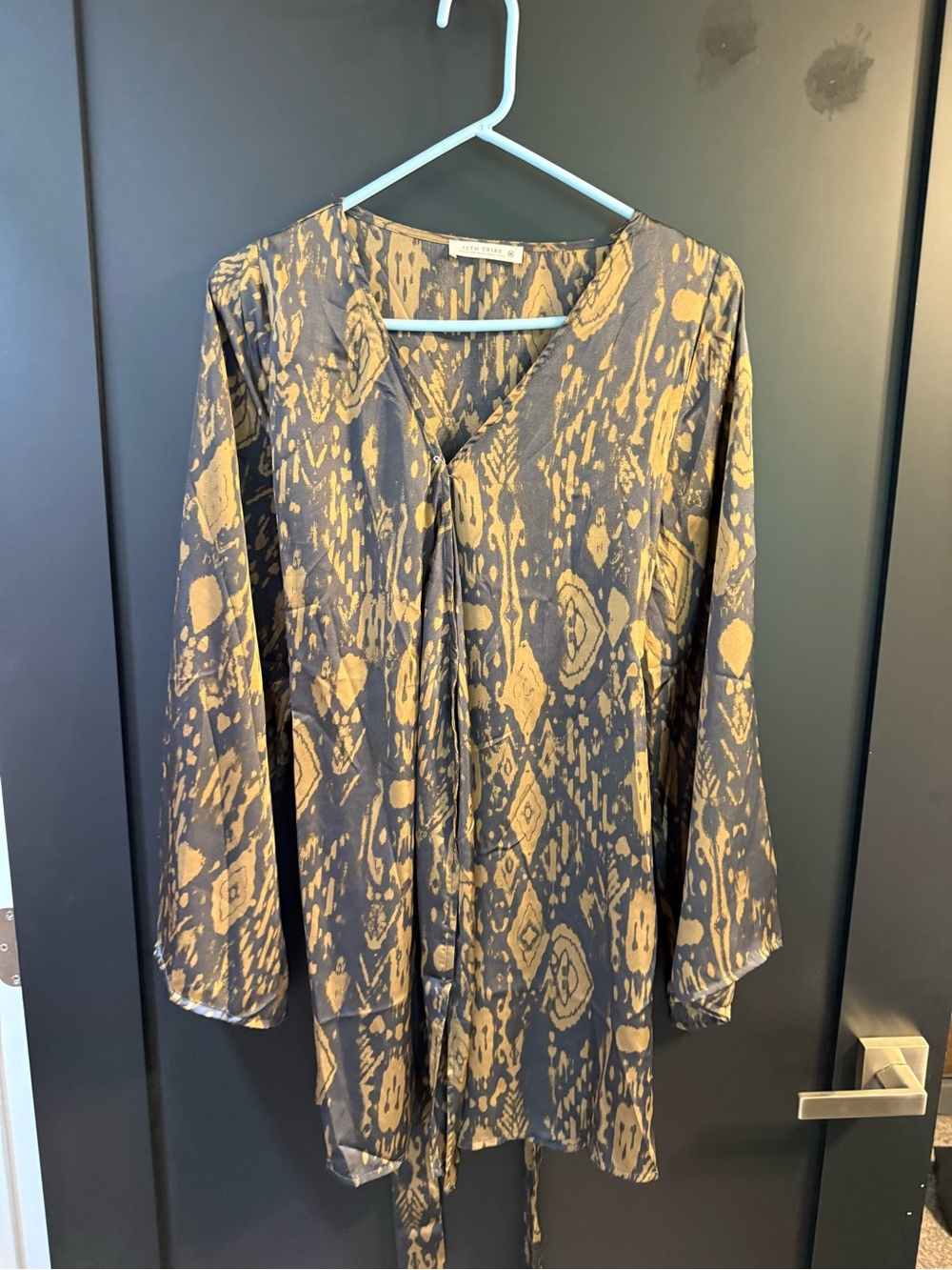 12th Tribe Black & Tan Ikat-Print Tie-Front Tunic